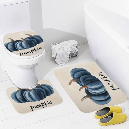 3 Pieces Bathroom Rug Set Blue Pumpkins Toilet Lid Cover and Bath Mat Autumn Halloween Thanksgiving Absorbent Bath Rug Set Soft Comfortable Washable Bath Mat Sets 16"x24"