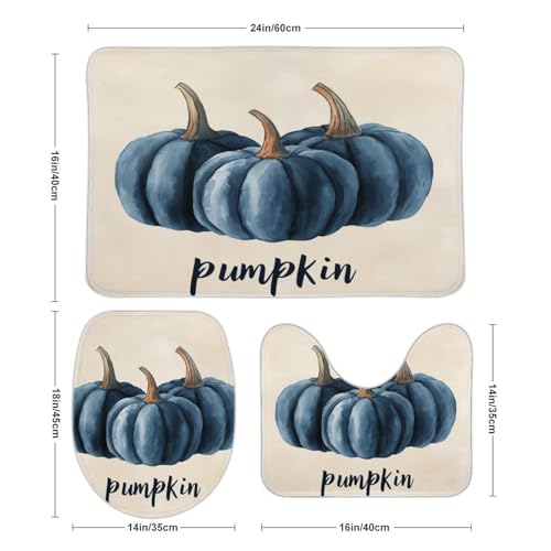3 Pieces Bathroom Rug Set Blue Pumpkins Toilet Lid Cover and Bath Mat Autumn Halloween Thanksgiving Absorbent Bath Rug Set Soft Comfortable Washable Bath Mat Sets 16"x24"