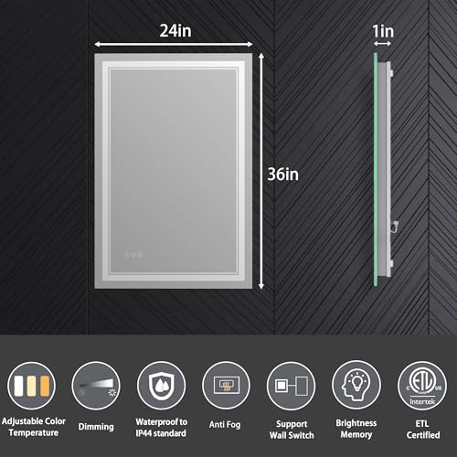 24x36 LED Lighted Mirror for Bathroom with Front Light and Backlit, Dimmable Anti-Fog Wall Bathroom Mirror with Led Lights, Power-Off Memory, Water Proof, Decor Vanity Mirror