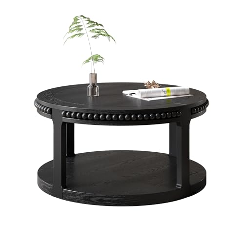 31.5" 2 Tier Round Wood Coffee Table with Open Storage Shelf, Modern Farmhouse Small Circle Center Table with Delicate Beaded Trim Edges & Sturdy Legs, Wooden Coffee Tables for Living Room, Black