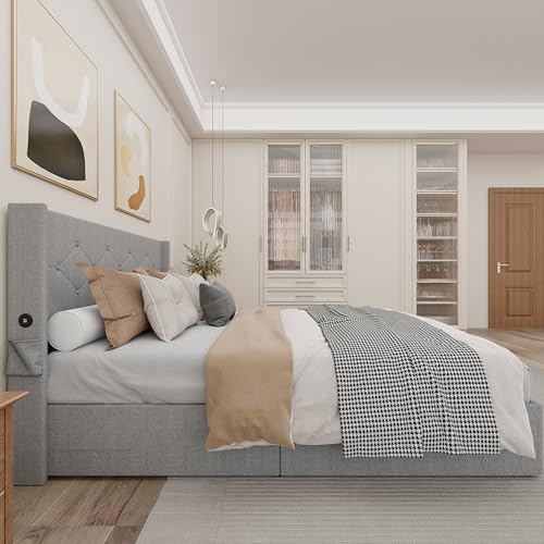 Viskmdi Queen Size Bed Frame with Lift Up Storage and Modern Wingback Headboard, Light Gray