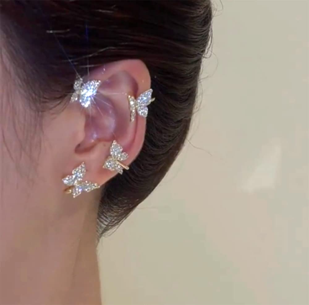2Pcs Zircon Butterfly Ear Cuff Earrings for Women No Piercing Butterfly Ear Clip Wrap Around Fake Earrings Ear Wrap Crawler Rhinestone Jewerly (silver)