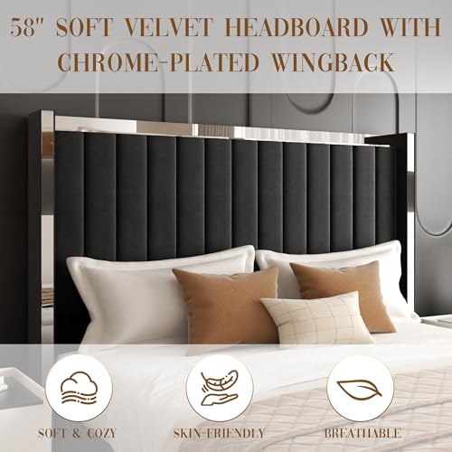 58" Tall Queen Size Platform Bed Frame with Velvet Wingback Headboard & Channel Tufting Design, Silver Metal Trim and Chrome-Plated Legs, No Box Spring Needed, Easy Assembly，Noise Free, Black