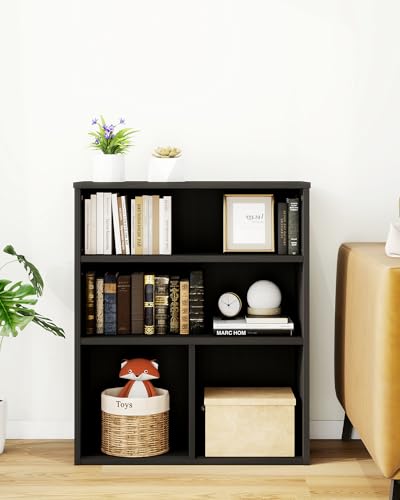 VPSMAT 3-Tier Bookcase and Bookshelf, Small Wood Display Storage Shelves for Living Room, Bedroom, Home Office, Black
