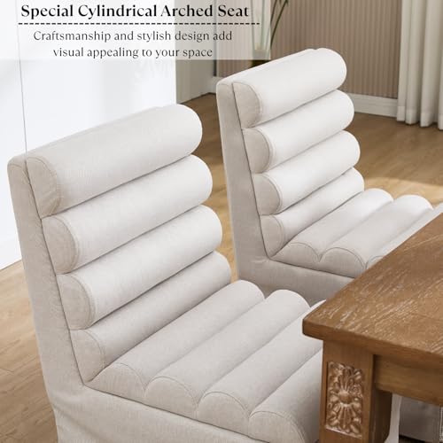 Ya-Home Modern Dining Chairs Set of 2, Linen Upholstered Dining Room Chairs with Cylindrical Back/Seat, Slipcovered Accent Chairs with Skirted Base & Solid Wood Legs for Living Room/Kitchen, Beige