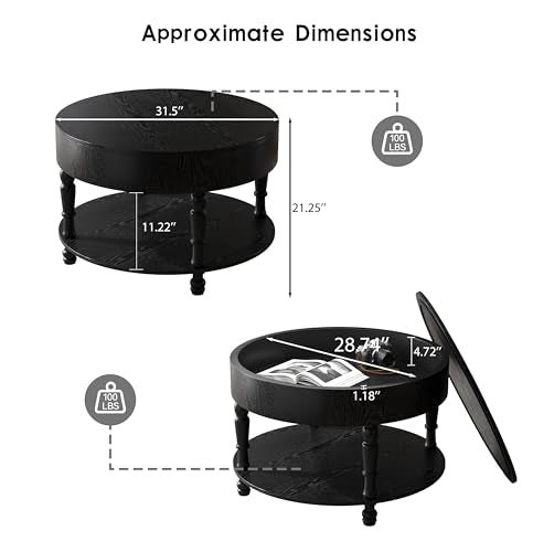 31.5" Round Wood Coffee Table with Hidden Storage, 2 Tier Modern Farmhouse Coffee Table with Open Bottom Shelf & Sturdy Carved legs, Rustic Circle Wooden Coffee Center Tea Table for Living Room, Black