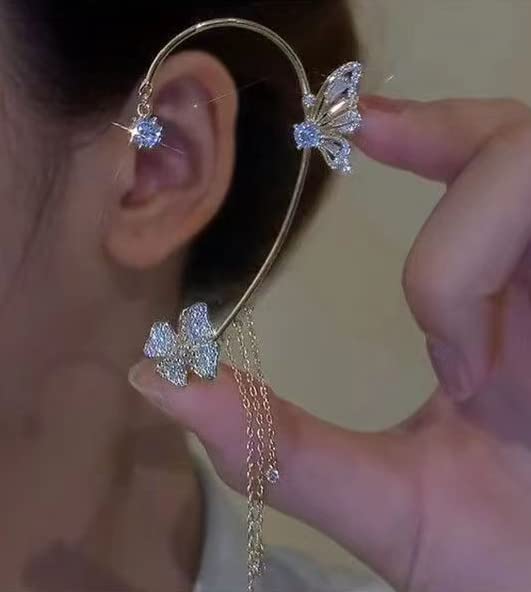 2Pcs Zircon Butterfly Ear Cuff Earrings for Women No Piercing Clip Wrap Around Fake Earrings Ear Crawler Rhinestone Wrap (Silver 1)