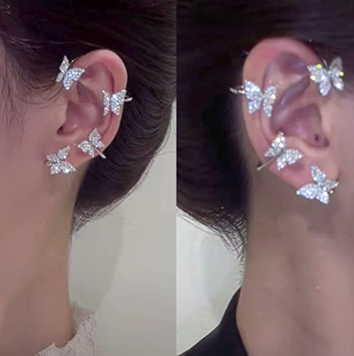 2Pcs Zircon Butterfly Ear Cuff Earrings for Women No Piercing Butterfly Ear Clip Wrap Around Fake Earrings Ear Wrap Crawler Rhinestone Jewerly (silver)