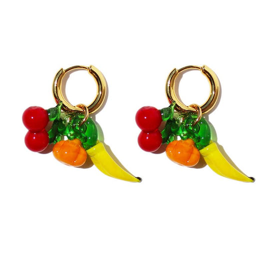 WHHFS Fun Fruit Dangle Earrings for Women - Glass Cherry, Banana, Pumpkin Charms, 18K Gold - Plated Brass Hoops, Quirky Summer Statement Jewelry with Velvet Box