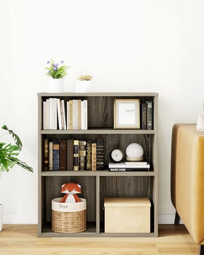 VPSMAT 3-Shelf Bookcase, Small Bookshelf with Storage, Wood Display Shelves for Bedroom, Living Room, Home Office, Grey