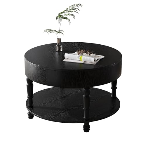 31.5" Round Wood Coffee Table with Hidden Storage, 2 Tier Modern Farmhouse Coffee Table with Open Bottom Shelf & Sturdy Carved legs, Rustic Circle Wooden Coffee Center Tea Table for Living Room, Black