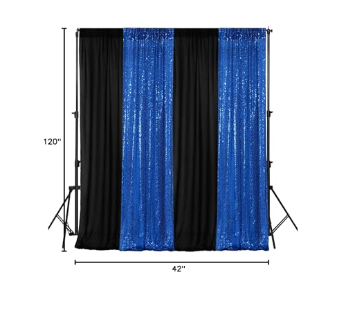 VitalCozy 4 Panels Backdrop Curtains 2 Pcs 4 x 10 ft Sequin Glitter 2 Pcs 7 x 10 ft Chiffon Photo Background Curtains for Wedding Birthday Party Decorations(Black, Royal Blue)