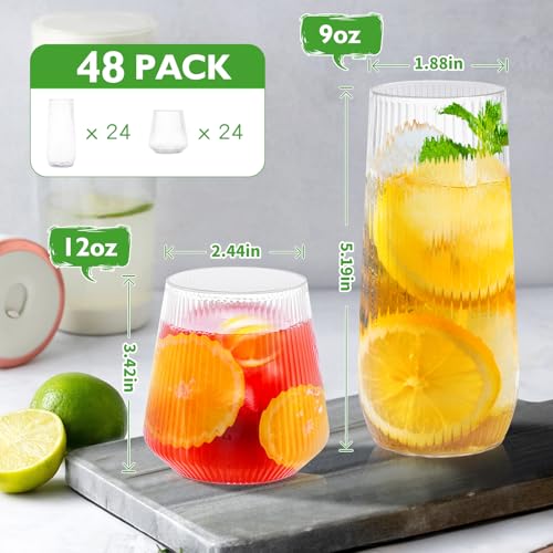 48 Pcs Plastic Wine Glasses Disposable Ribbed Cocktail Cups Set 12 OZ Unbreakable Stemless Champagne Flutes 9 OZ Origami Shatterproof Reusable Clear Party Cup for Wedding, Home, Office, Bar, Drinking
