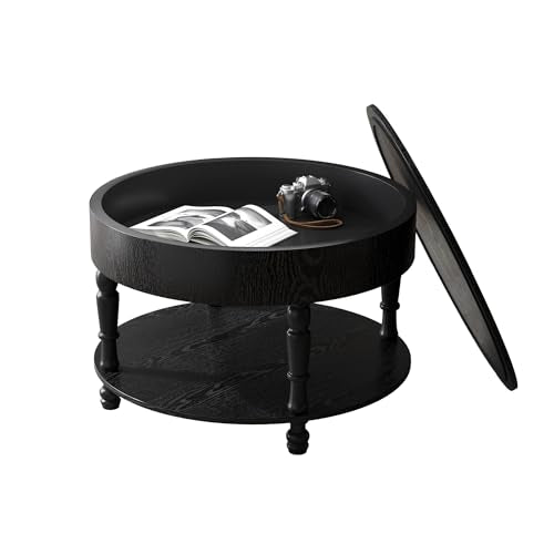 31.5" Round Wood Coffee Table with Hidden Storage, 2 Tier Modern Farmhouse Coffee Table with Open Bottom Shelf & Sturdy Carved legs, Rustic Circle Wooden Coffee Center Tea Table for Living Room, Black
