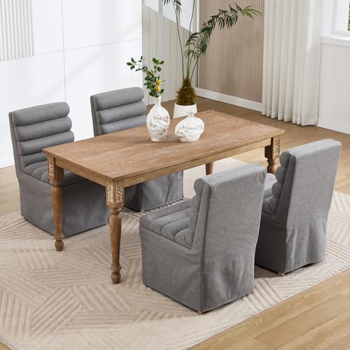 Ya-Home Modern Sipcovered Dining Chairs Set of 2, Mid Century Linen Fabric Upholstered Skirted Accent Chairs with Cylindrical Seat Solid Wooden Legs for Dining Room/Living Room/Kitchen, Grey