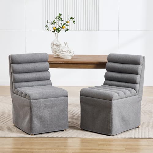 Ya-Home Modern Sipcovered Dining Chairs Set of 2, Mid Century Linen Fabric Upholstered Skirted Accent Chairs with Cylindrical Seat Solid Wooden Legs for Dining Room/Living Room/Kitchen, Grey
