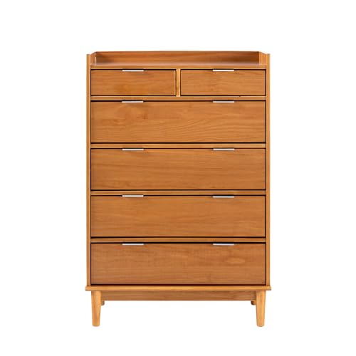Walker Edison Blythe Mid-Century Modern Tray-Top Solid Wood 6-Drawer Dresser, 30 Inch, Caramel-T