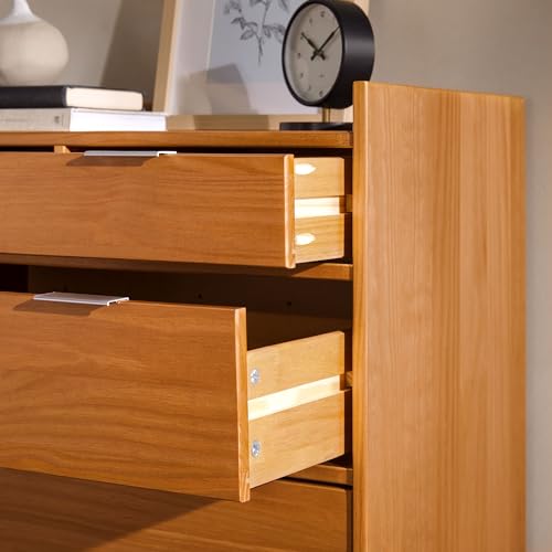 Walker Edison Blythe Mid-Century Modern Tray-Top Solid Wood 6-Drawer Dresser, 30 Inch, Caramel-T
