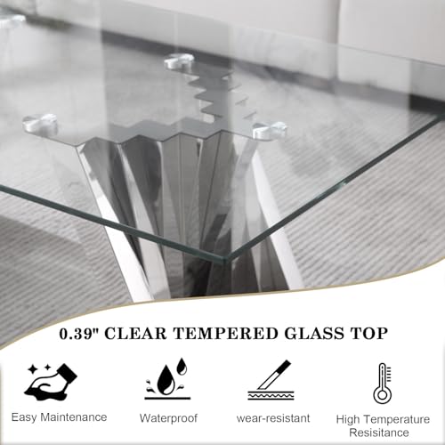 3 Piece Glass Coffee Table Set of 3 Modern Silver Living Room Table Set Include Coffee Table & 2 End Tables,Tempered Glass Top with Stainless Steel Base for Home Office