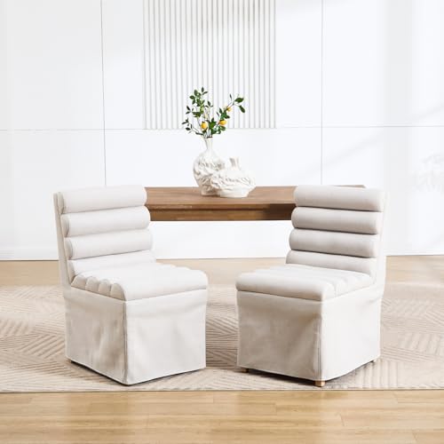 Ya-Home Modern Dining Chairs Set of 2, Linen Upholstered Dining Room Chairs with Cylindrical Back/Seat, Slipcovered Accent Chairs with Skirted Base & Solid Wood Legs for Living Room/Kitchen, Beige