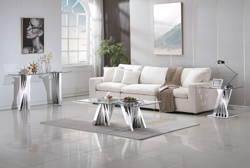 3 Piece Glass Coffee Table Set of 3 Modern Silver Living Room Table Set Include Coffee Table & 2 End Tables,Tempered Glass Top with Stainless Steel Base for Home Office