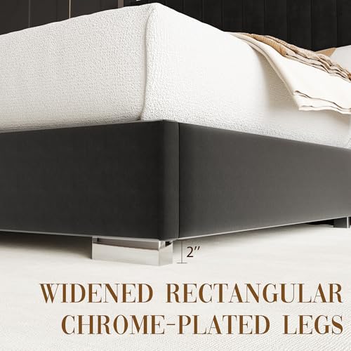58" Tall Queen Size Platform Bed Frame with Velvet Wingback Headboard & Channel Tufting Design, Silver Metal Trim and Chrome-Plated Legs, No Box Spring Needed, Easy Assembly，Noise Free, Black