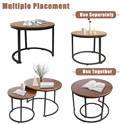 aboxoo Coffee Table Nesting Side Round Set of 2 End Table Top Sturdy Metal Frame Desk Centerpiece Living Room Bedroom Apartment Modern Industrial Simple Nightstand