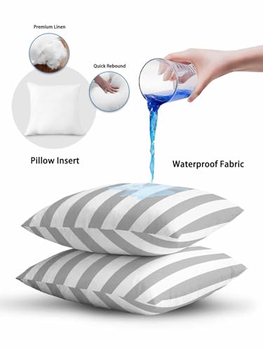 Waterproof Pillow Cover & Insert Set of 2 Geometric Pattern Throw Pillows Cushion Case 16x16 Inch Removable Pillowcase Soft Cotton Inner Pillow Grey Line Stripe Simple Style Pillows for Couch Sofa Bed