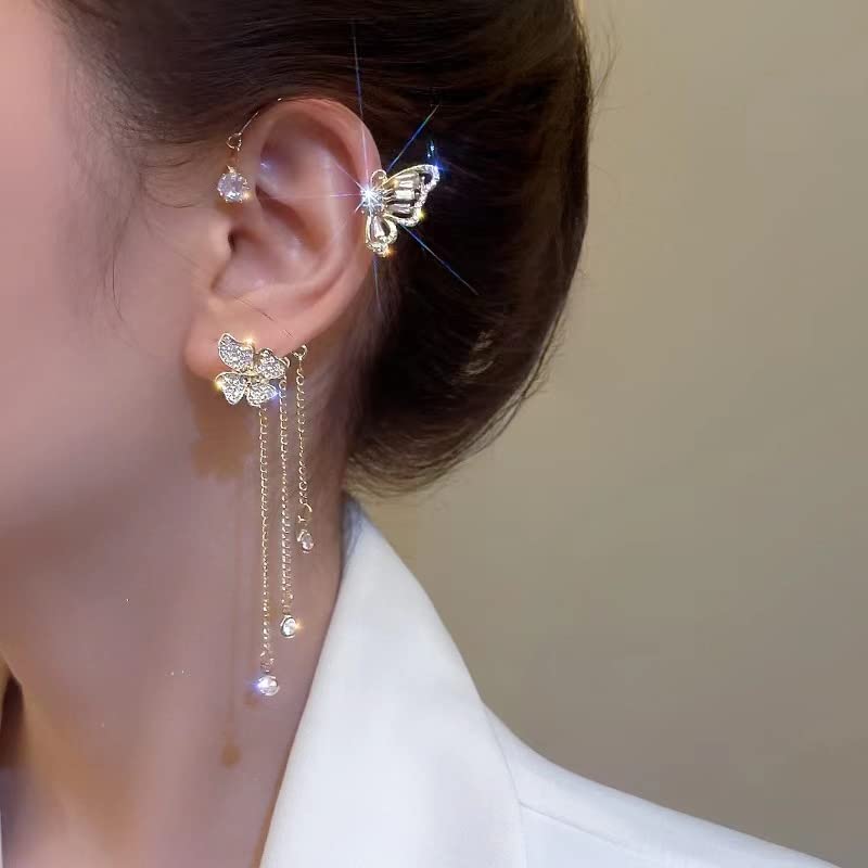 2PCS Butterfly Tassel Zircon Earrings - Butterfly Ear Cuffs, No Piercing, Fairy Ear Clip Jewelry Gifts (style s)