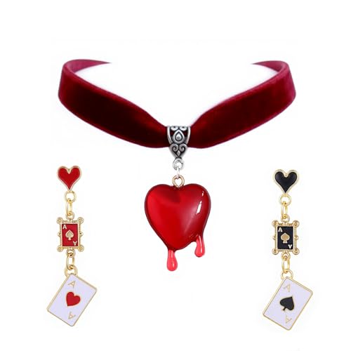 Xeyau Queen Of Hearts Necklaces Earrings Set for Women Vampire Necklace and Earrings Vintage Red Black Necklace Queen Of Hearts Accessories Cosplay Halloween Jewelry D-RD-BKTS