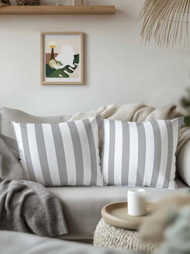 Waterproof Pillow Cover & Insert Set of 2 Geometric Pattern Throw Pillows Cushion Case 16x16 Inch Removable Pillowcase Soft Cotton Inner Pillow Grey Line Stripe Simple Style Pillows for Couch Sofa Bed