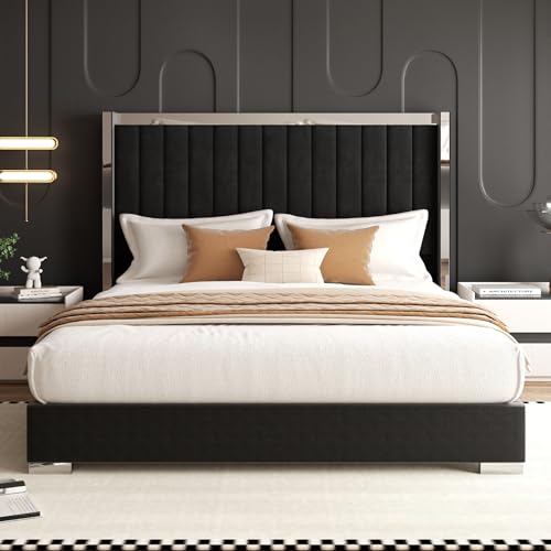 58" Tall Queen Size Platform Bed Frame with Velvet Wingback Headboard & Channel Tufting Design, Silver Metal Trim and Chrome-Plated Legs, No Box Spring Needed, Easy Assembly，Noise Free, Black