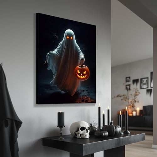 Wewejia Halloween Canvas Wall Art 12x16 Inch, Ghost Posters Pumpkin Lanterns Spooky Gothic Wall Decor Retro Dark Academic Style Art Prints Suitable for Living Room Bedroom Kitchen Corridor Home Decor