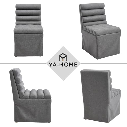 Ya-Home Modern Sipcovered Dining Chairs Set of 2, Mid Century Linen Fabric Upholstered Skirted Accent Chairs with Cylindrical Seat Solid Wooden Legs for Dining Room/Living Room/Kitchen, Grey