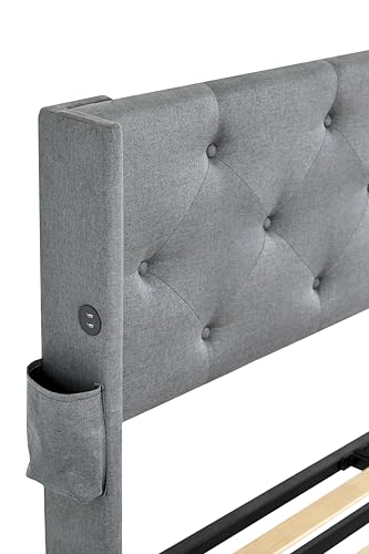 Viskmdi Queen Size Bed Frame with Lift Up Storage and Modern Wingback Headboard, Light Gray