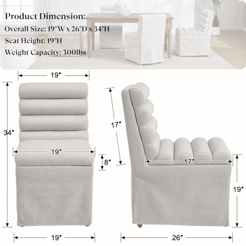 Ya-Home Modern Dining Chairs Set of 2, Linen Upholstered Dining Room Chairs with Cylindrical Back/Seat, Slipcovered Accent Chairs with Skirted Base & Solid Wood Legs for Living Room/Kitchen, Beige