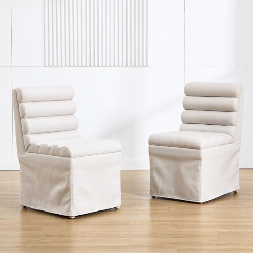 Ya-Home Modern Dining Chairs Set of 2, Linen Upholstered Dining Room Chairs with Cylindrical Back/Seat, Slipcovered Accent Chairs with Skirted Base & Solid Wood Legs for Living Room/Kitchen, Beige