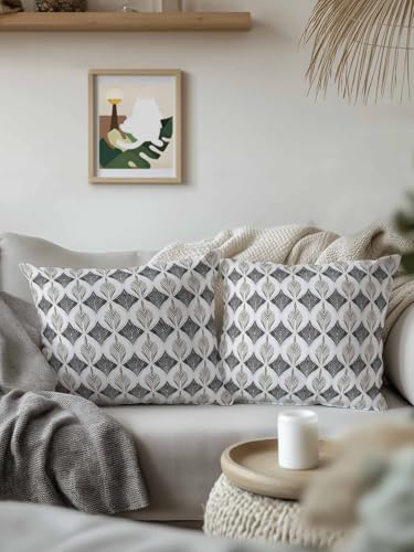 Waterproof Pillow Cover & Insert Set of 2 Geometric Floral Throw Pillows Cushion Case 16x16 Inch Removable Pillowcase Soft Cotton Inner Pillow Abstract Vintage Gray Pillows for Couch Sofa Bed
