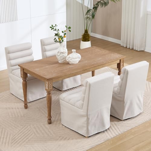 Ya-Home Modern Dining Chairs Set of 2, Linen Upholstered Dining Room Chairs with Cylindrical Back/Seat, Slipcovered Accent Chairs with Skirted Base & Solid Wood Legs for Living Room/Kitchen, Beige