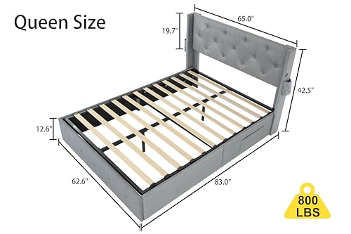 Viskmdi Queen Size Bed Frame with Lift Up Storage and Modern Wingback Headboard, Light Gray