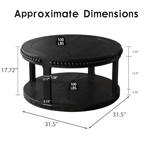31.5" 2 Tier Round Wood Coffee Table with Open Storage Shelf, Modern Farmhouse Small Circle Center Table with Delicate Beaded Trim Edges & Sturdy Legs, Wooden Coffee Tables for Living Room, Black