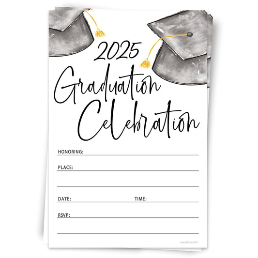Watercolor Grad Caps 2025 Graduation Invitations With Envelopes - 20 Count Grad Party Invites