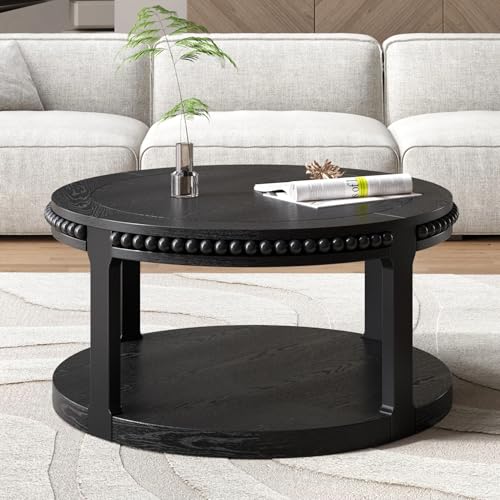 31.5" 2 Tier Round Wood Coffee Table with Open Storage Shelf, Modern Farmhouse Small Circle Center Table with Delicate Beaded Trim Edges & Sturdy Legs, Wooden Coffee Tables for Living Room, Black