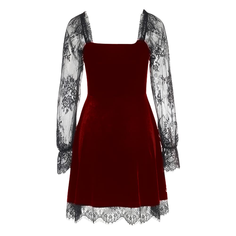 Women Gothic Lolita Dress Black Vintage Grunge Lace Velvet Cocktail Party Swing Dress Mesh Long Sleeve Steampunk Punk Mall Goth Dress Patchwork Sexy Romantic Aesthetic Alt Harajuku Dress Burgundy L