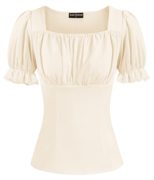 Womens Victorian Shirts Vintage Square Neck Ruffle Short Puff Sleeve Top Apricot M