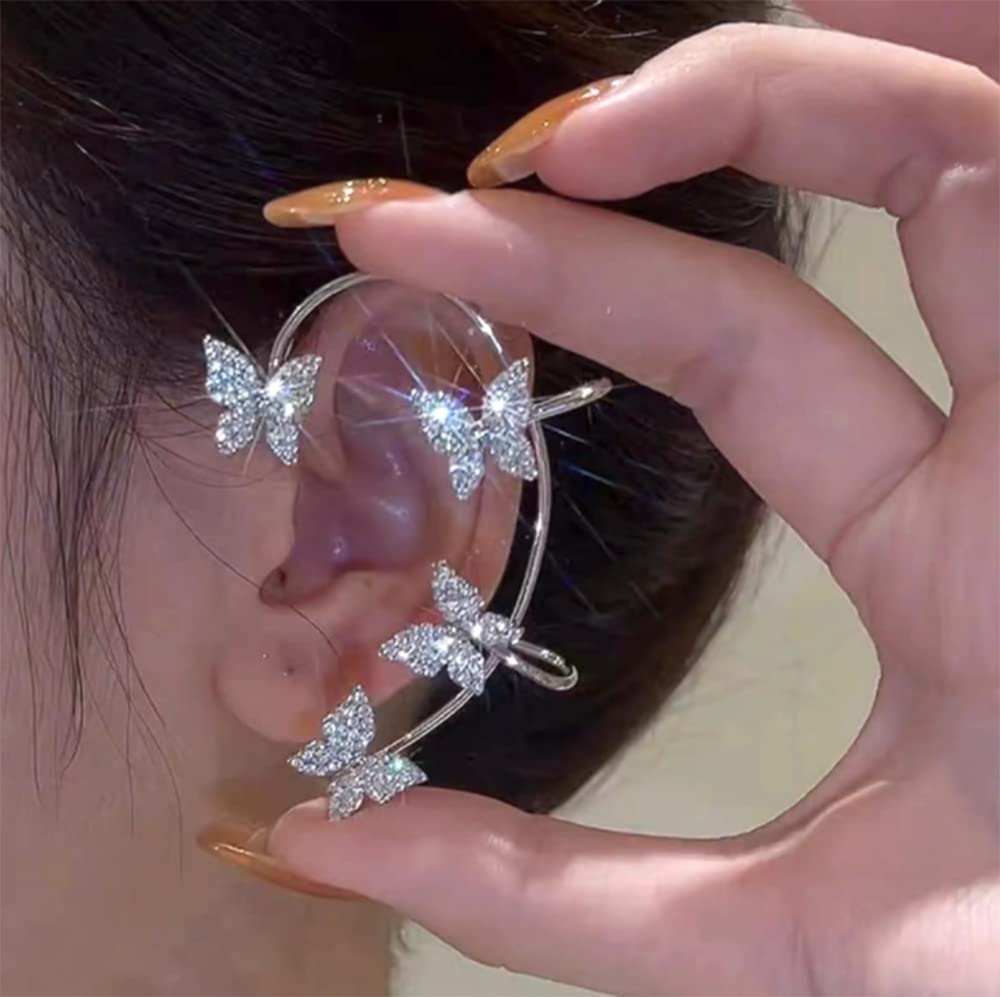 2Pcs Zircon Butterfly Ear Cuff Earrings for Women No Piercing Butterfly Ear Clip Wrap Around Fake Earrings Ear Wrap Crawler Rhinestone Jewerly (silver)