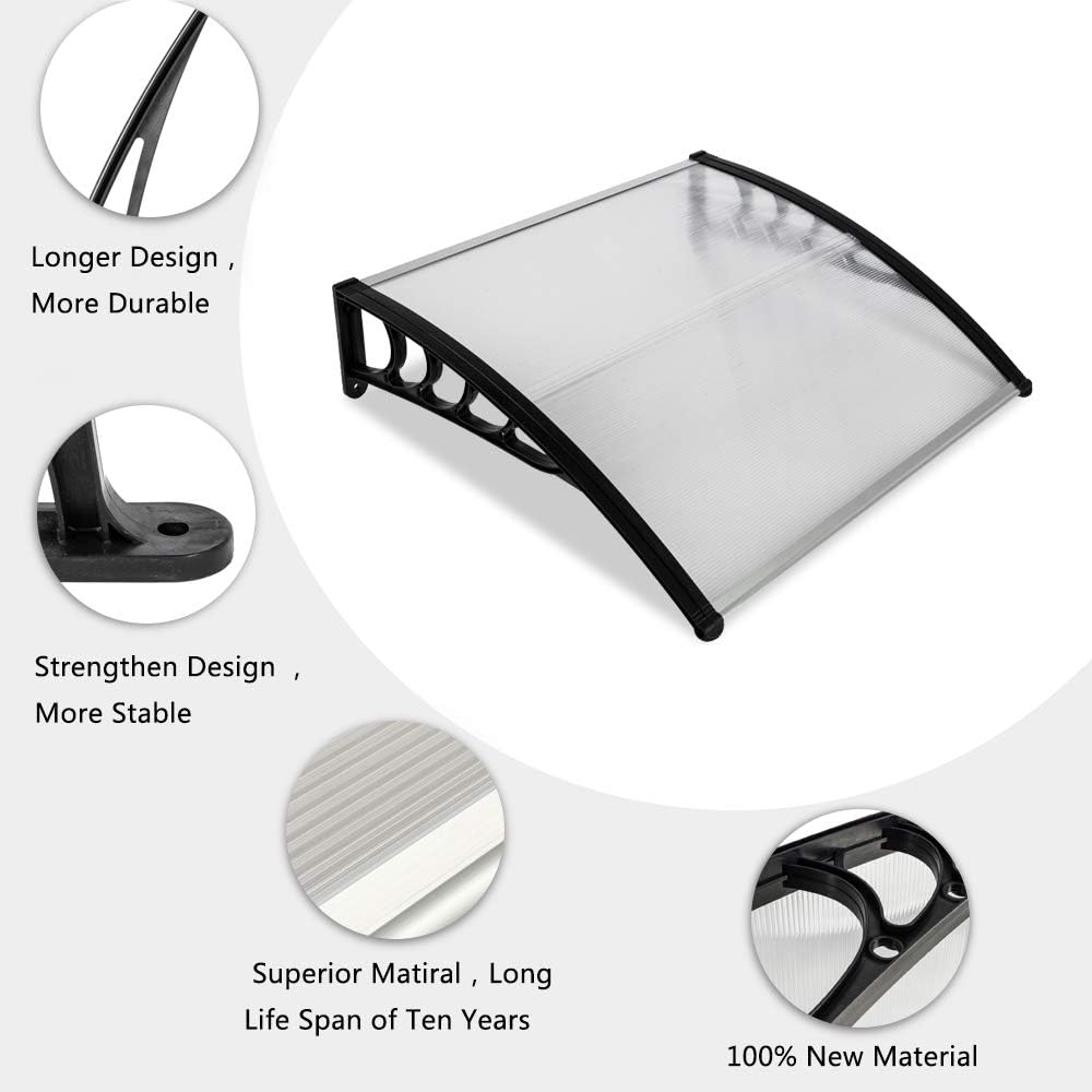 Window Awning Outdoor Polycarbonate Hollow Sheetfor Doors Polycarbonate Cover Patio Door Awning Rain Snow Sunlight(Silver Canopy + Black Bracket, 40" x 40")