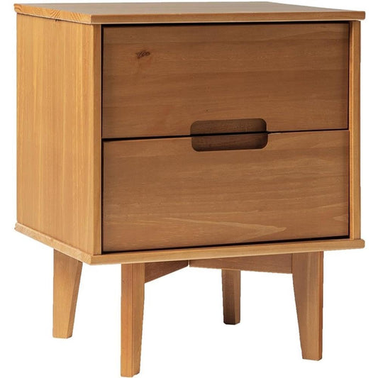 Walker Edison Mid Century Modern Grooved Handle Wood Nightstand Side Table Bedroom Storage Drawer and Shelf Bedside End Table, 2 Drawer, Caramel