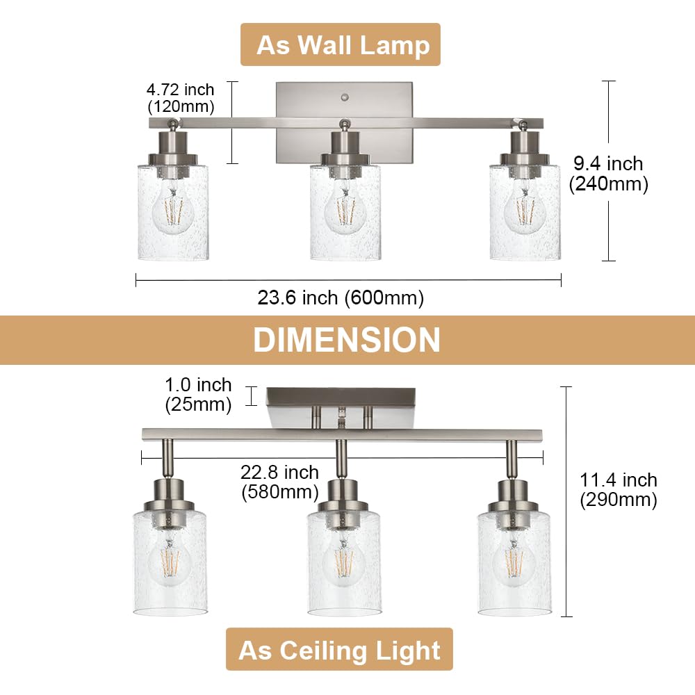 WINSHEN 3-Light Rotatable Track Lighting Kit, Brushed Nickel Semi Flush Mount Ceiling Light Vanity Lighting Fixtures Spotlight, Seeded Glass Shades