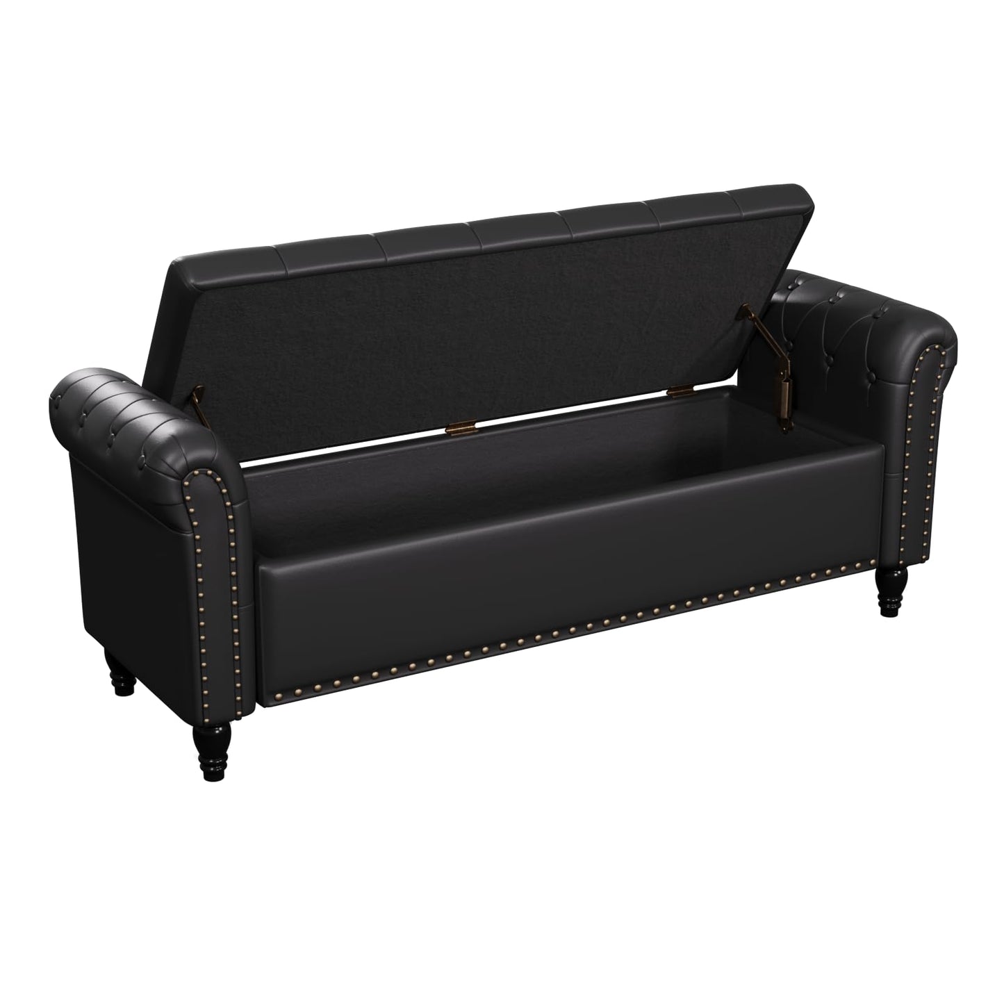 65 Inch Bedroom Bench, End of Bed Bench with Storage, Bed Benches for Foot of Bed, Faux Leather Window Bench with Tufted Button and Nailhead Trim, Upholstered Storage Bench with Rolled Arms, Black